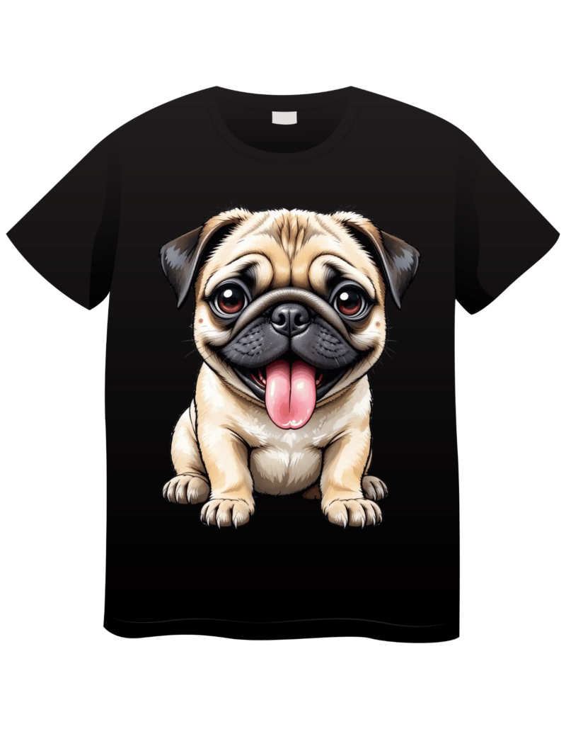 Chubby watercolor pug puppy with tongue out